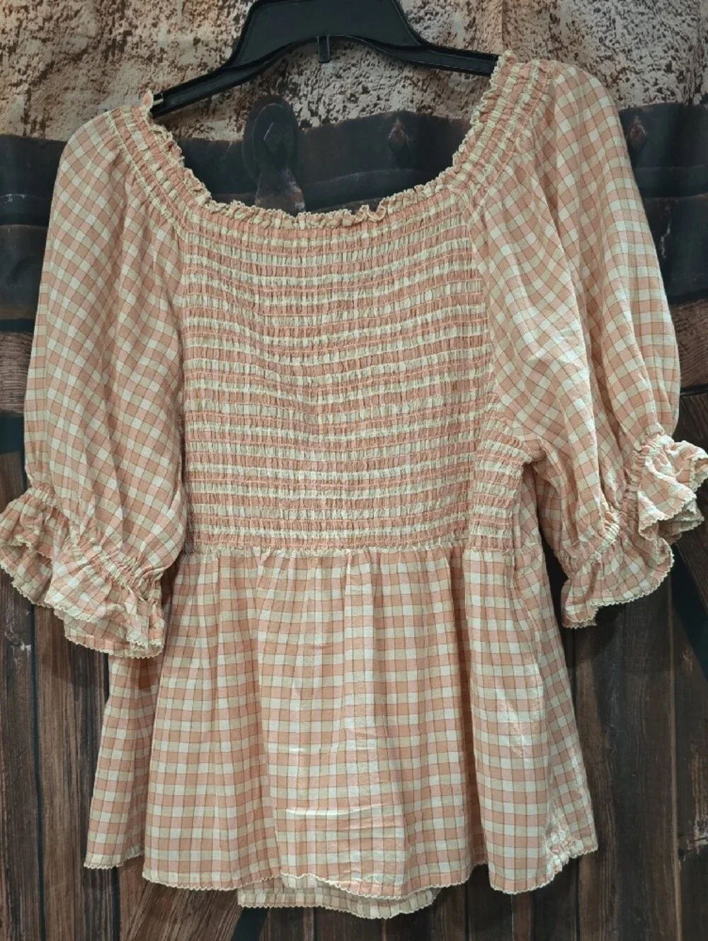 Old Navy Pink Plaid Gingham Short Sleeve Peasant Top